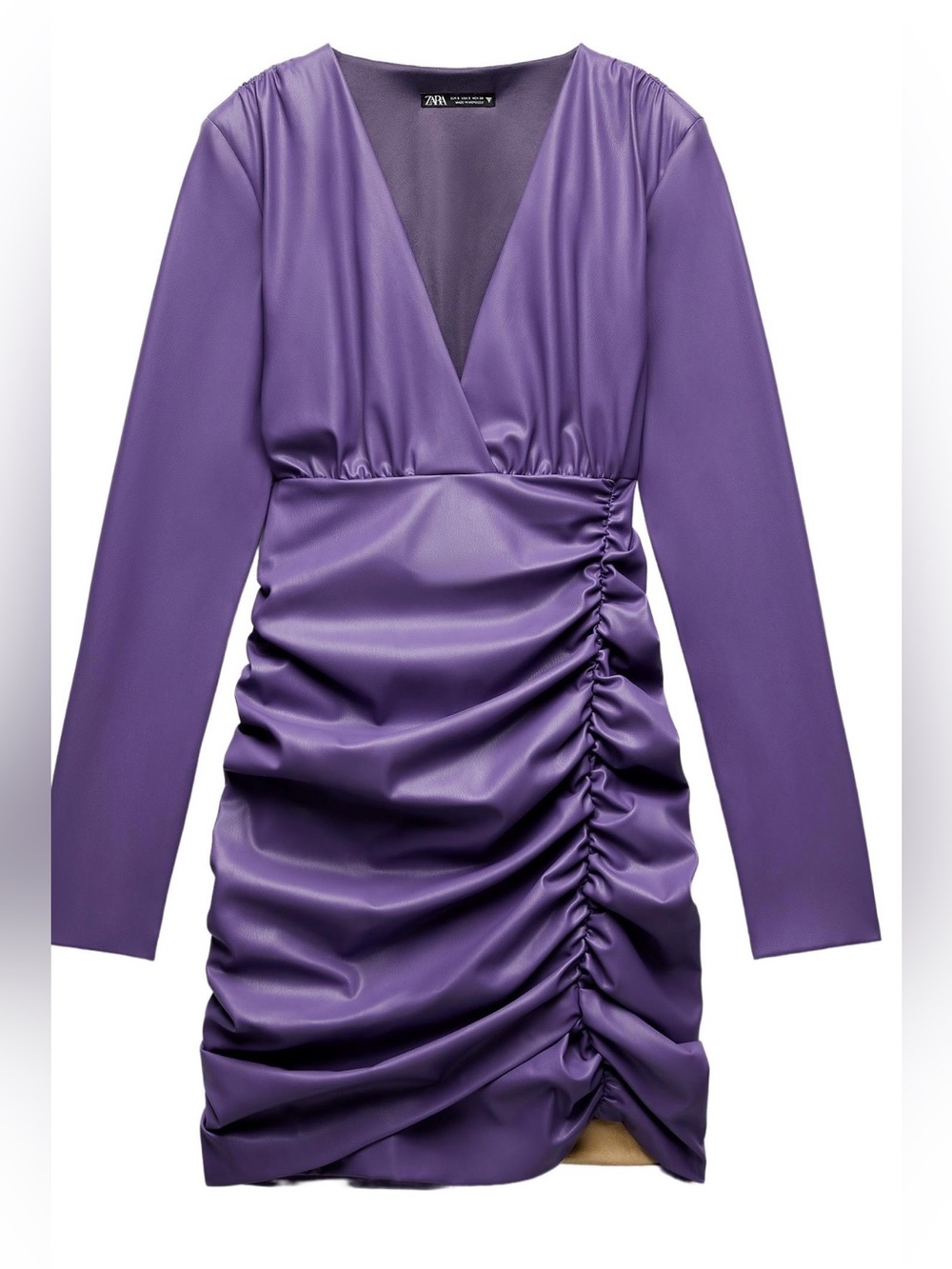 Zara Purple Faux-Leather Ruched V-Neck Mini Dress